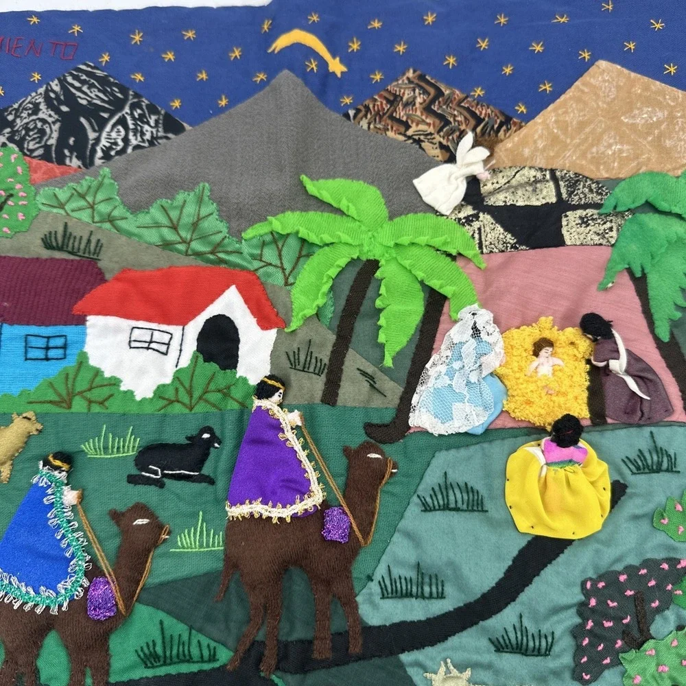 Peruvian Arpillera Folk Art Tapastry~ Vgt 3D‎ Handmade Christmas Nativity 19x17